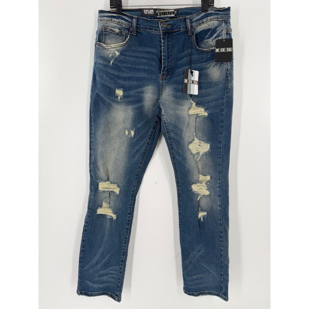 Decibel Denim Exploration Mens Distressed Ripped Slim Jeans 36x33 Medium Wash